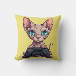 Coussin Chat Sphynx tenant une manette de jeu