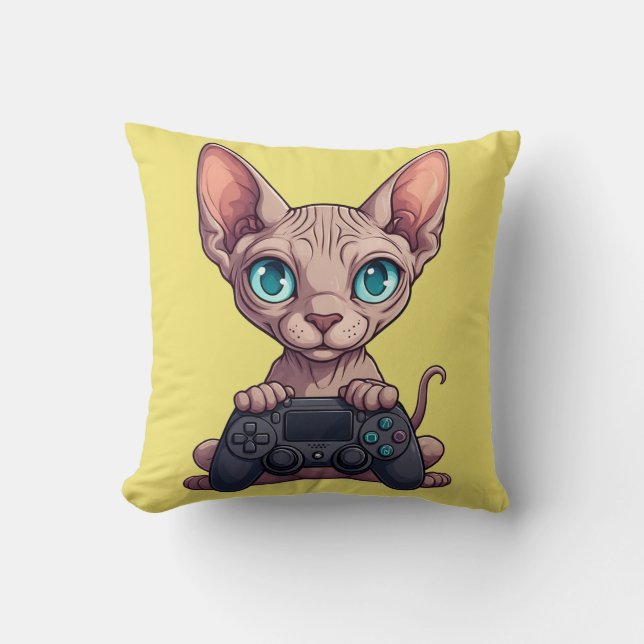 Coussin Chat Sphynx tenant une manette de jeu (Recto)