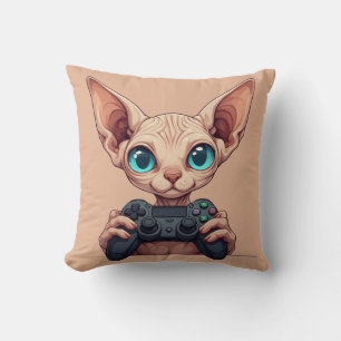 Coussin Chat Sphynx tenant une manette de jeu