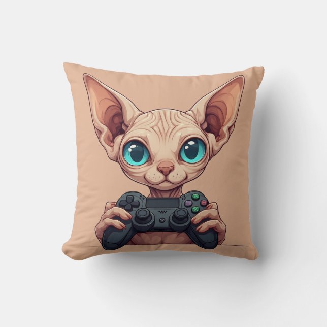 Coussin Chat Sphynx tenant une manette de jeu (Recto)