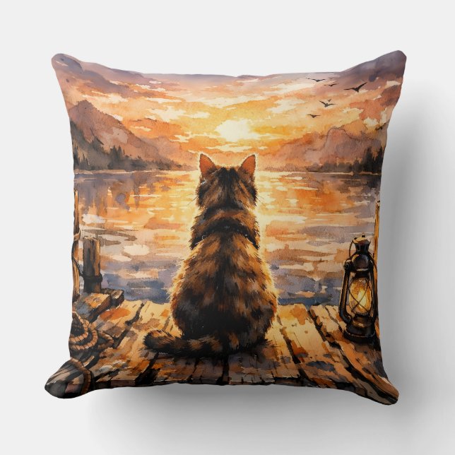 Coussin Chat sur le quai au coucher du soleil (Recto)