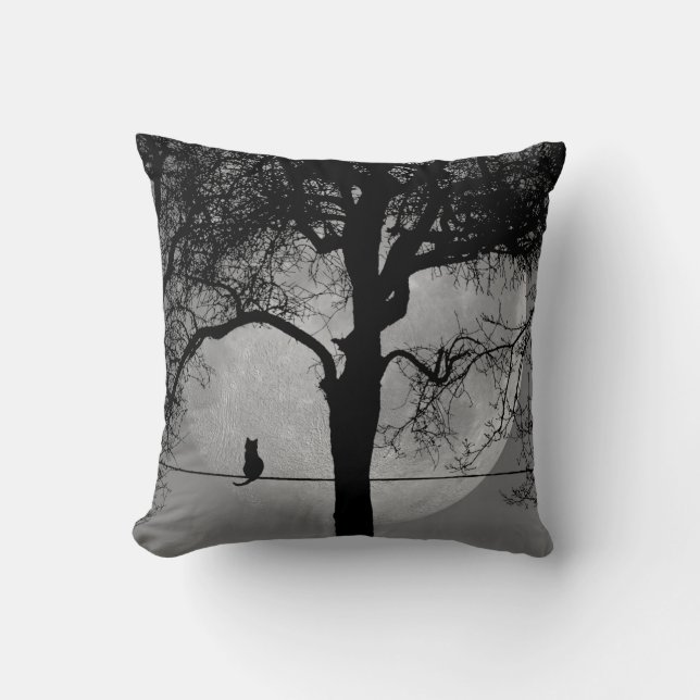 Coussin Chat sur une Pleine lune de fil Gris massif Retour (Recto)