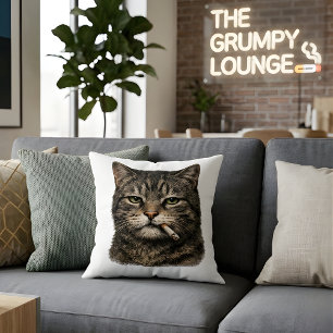 Coussin Chat Tabby Branché "Chat Cool avec Cigarette" Jeté