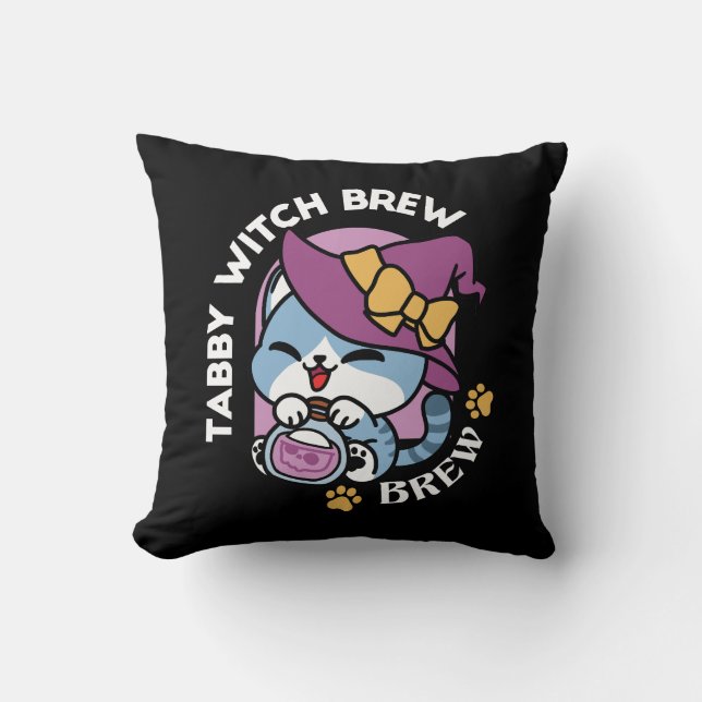 Coussin Chat Tabby Halloween – Chapeau de Sorcière & Art d (Recto)