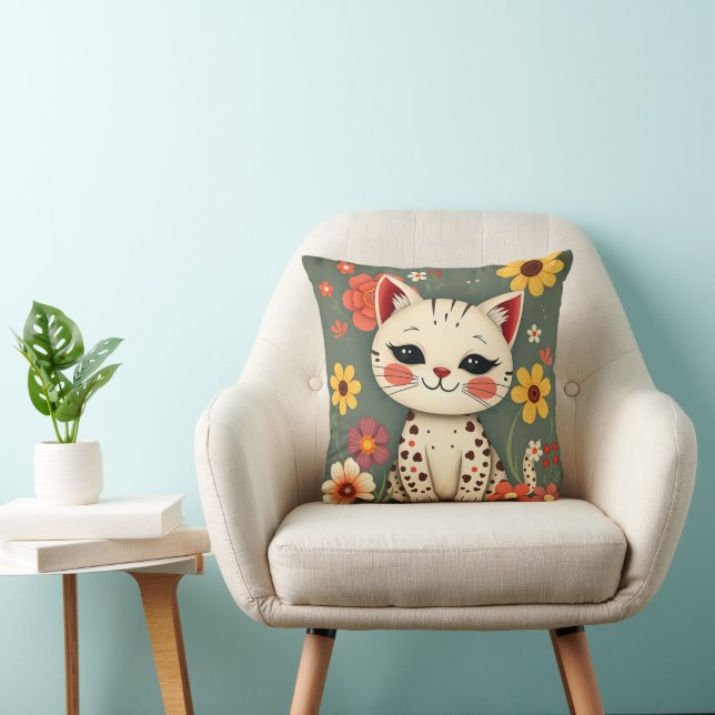 Coussin Chat tacheté heureux avec des fleurs (Chaise)