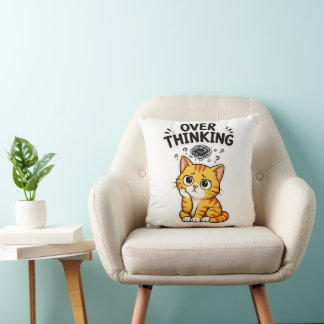 Coussin Chat tigré orange drôle et pensif