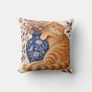 Coussin Chat tigré orange Vase de fleurs cobalt