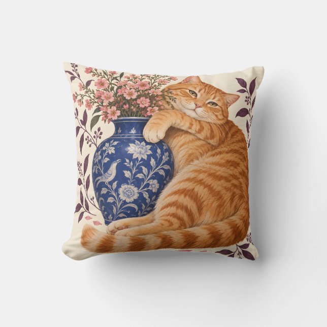 Coussin Chat tigré orange Vase de fleurs cobalt (Recto)