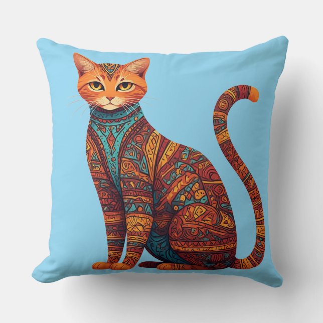 Coussin Chat tribal bohème coloré Art (Recto)