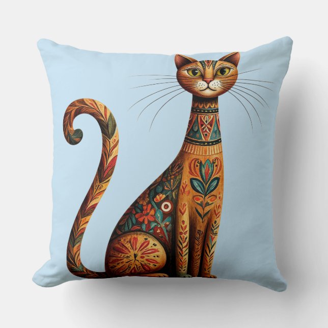 Coussin Chat tribal boho mignon art folklorique avec des f (Recto)