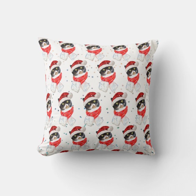 Coussin Chat tricolore Noël Aquarelle avec écharpe (Recto)