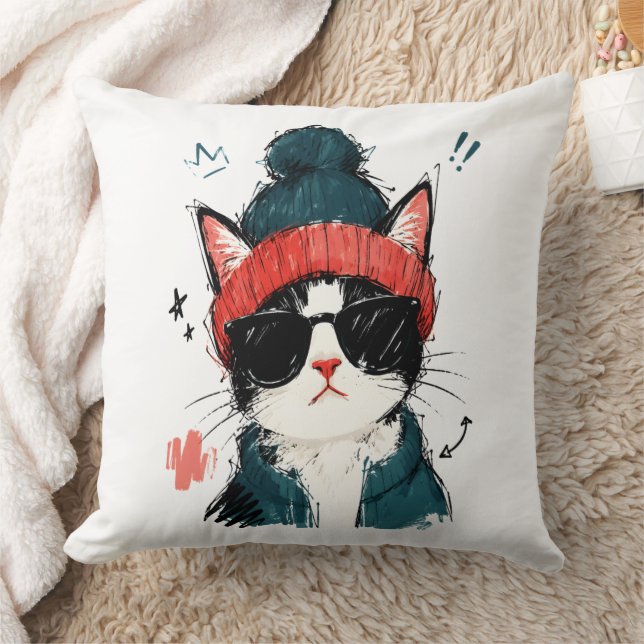 Coussin Chat Tuxedo Cool avec Casquette et Lunettes de Sol (Couverture)
