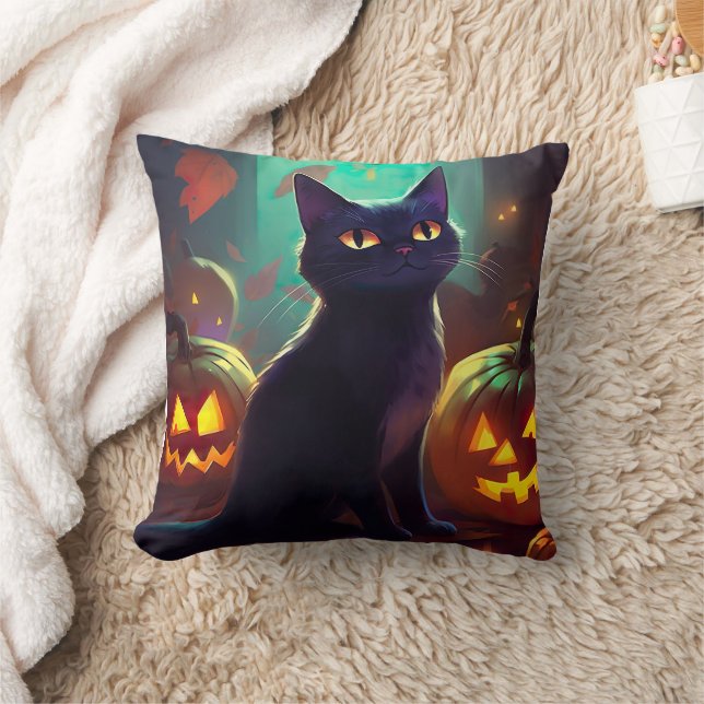 Coussin Chat Tuxedo d'Halloween avec citrouilles effrayant (Couverture)