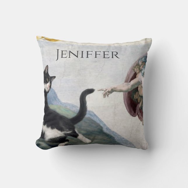 Coussin Chat Tuxedo touchant la Patte Divine (Recto)
