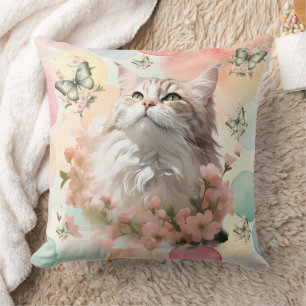 Coussin Chat vintage aux papillons Couleurs pastel rose