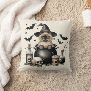 Coussin Chat Vintage mignon dans une Halloween cauldron