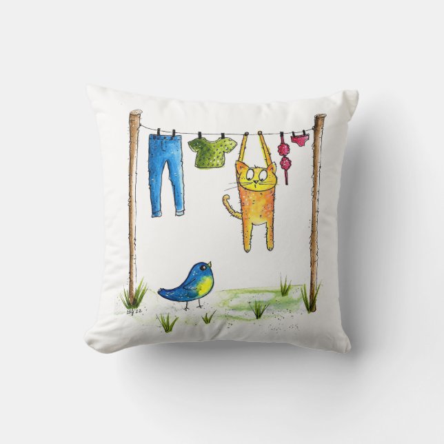 Coussin Chat Whimsical sur une ligne de linge (Recto)