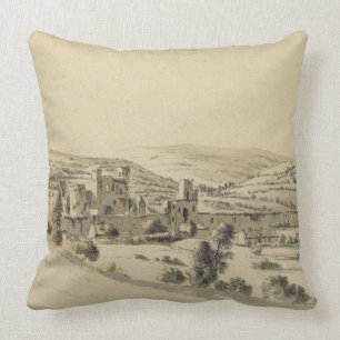 Coussin Château de Caerphilly (stylo, encre et lavage sur
