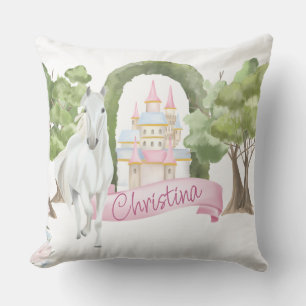 Coussin Château de Fairy Tale et Aquarelle de Cheval Blanc