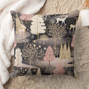 Coussin Château de fantasy paysage de cerfs en hiver rose