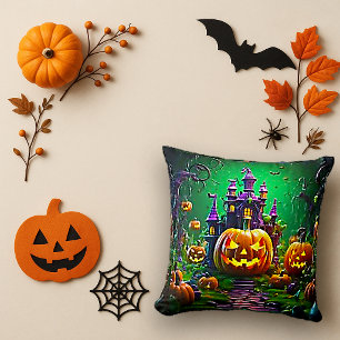 Coussin Château de Halloween Citrouille d'Art Vert Vibrant