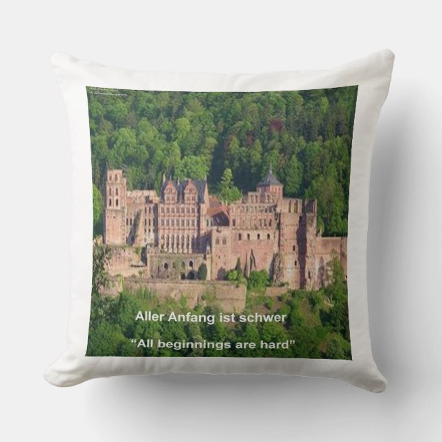 Coussin Château de Heidelberg et coton à proverbe allemand (Recto)
