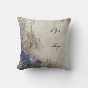 Coussin Château Élégant Violet Aquarelle Éthérée Mariage