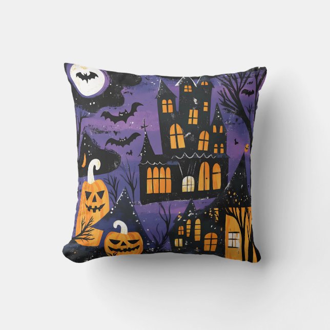 Coussin Château Hanté Citrouille Halloween Épouvantable (Recto)