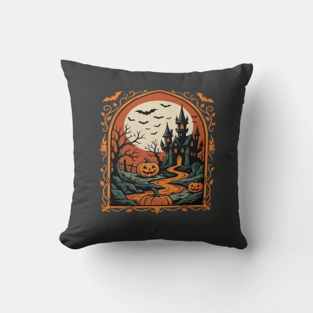 Coussin Château Hanté Halloween Citrouille Lune Vector Art (Recto)