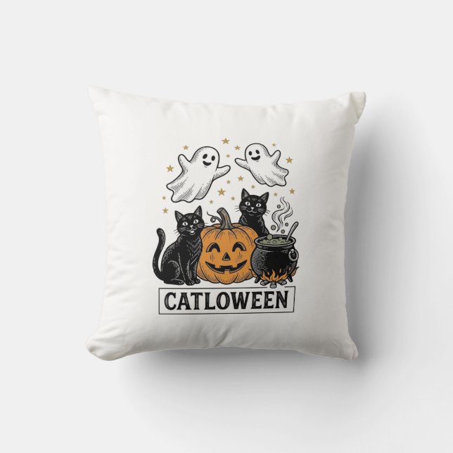 Coussin Chatloween Chat Fantôme Vintage Design de Chemise  (Recto)