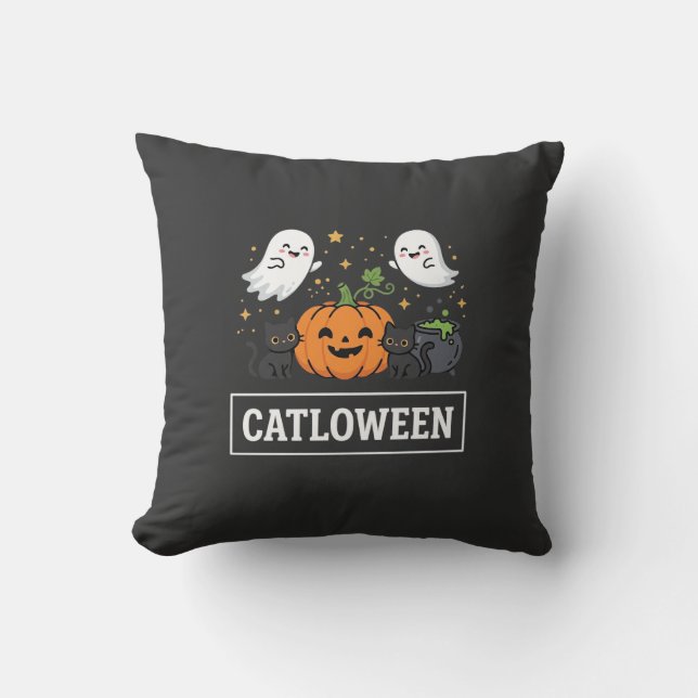 Coussin Chatloween Mignon Chat Fantôme Design Halloween_1 (Recto)