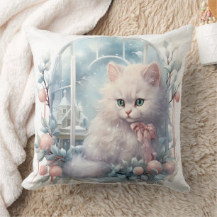 Coussin Chaton blanc Bow rose et boules