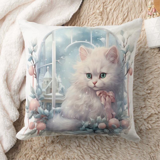 Coussin Chaton blanc Bow rose et boules (Couverture)