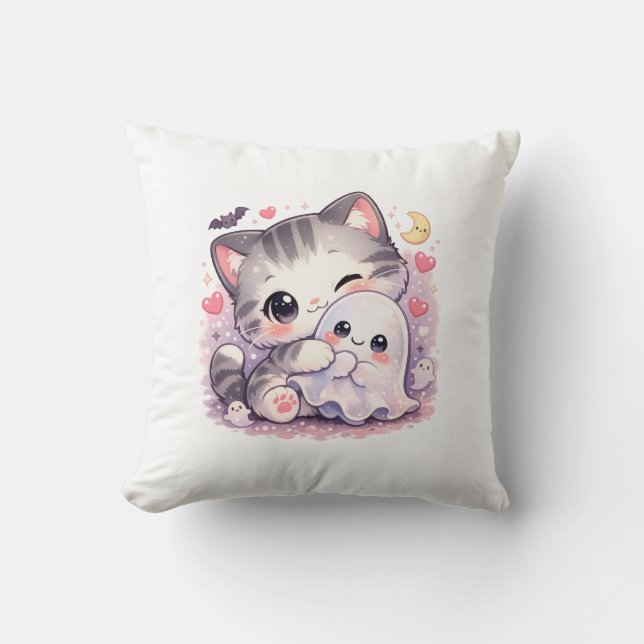 Coussin Chaton câlinant un fantôme Kawaii (Recto)
