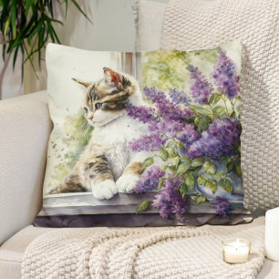Coussin Chaton Chat Lavande Fleurs Fenêtre Lumière du sole