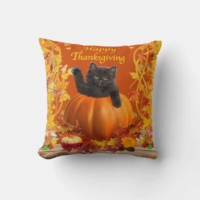 Coussin Chaton de citrouille de Thanksgiving (Recto)