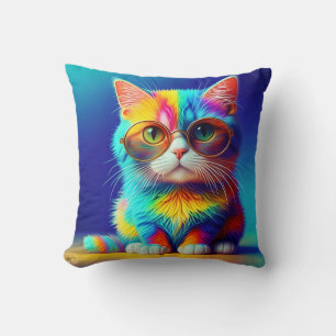 Coussin Chaton de couleur arc-en-ciel portant des lunettes