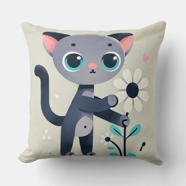 Coussin Chaton de dessin animé adorable tenant une fleur, (Recto)