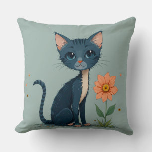 Coussin Chaton de dessin animé debout près d'une fleur jau