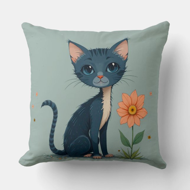 Coussin Chaton de dessin animé debout près d'une fleur jau (Recto)