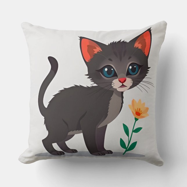 Coussin Chaton de dessin animé debout près d'une fleur jau (Recto)