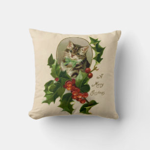 Coussin Chaton de Noël victorien au milieu du houx antique