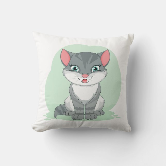 Coussin Chaton Gris Tabby  Chat de Dessin Animé Mignon (Recto)