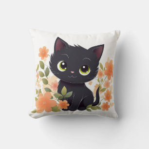 Coussin Chaton noir doux avec fleurs Kawaii Chibi