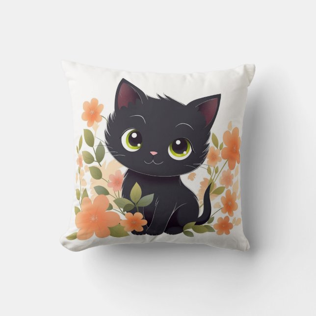 Coussin Chaton noir doux avec fleurs Kawaii Chibi (Recto)