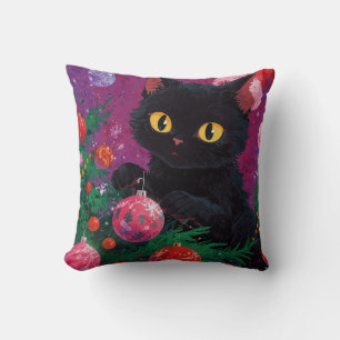 Coussin Chaton noir mignon et sapin de Noël