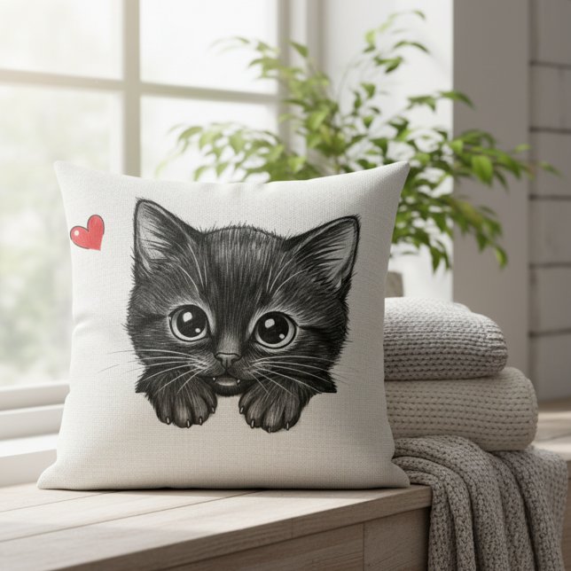 Coussin Chaton Noir Mignon Regardant Coeur (Créateur téléchargé)