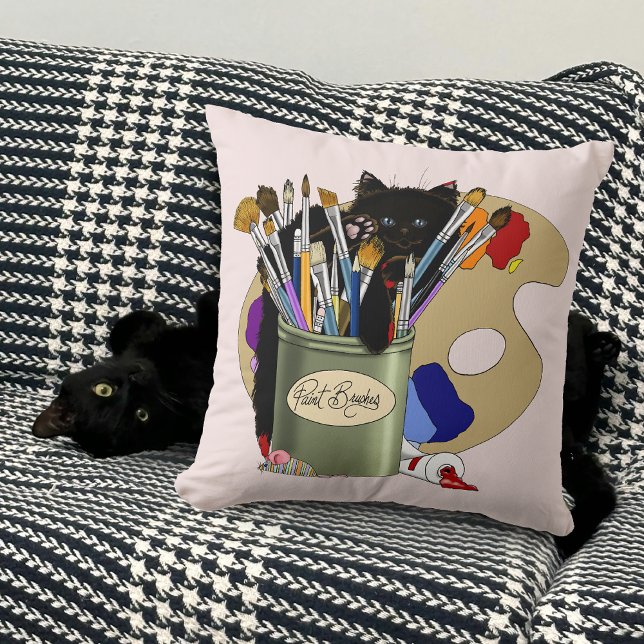 Coussin Chaton noir Pinceau Pot Artiste Chat Rose (Créateur téléchargé)