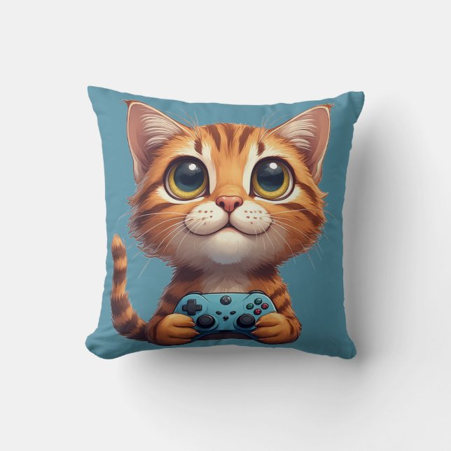 Coussin Chaton orange tenant une manette de jeu Chat joueu (Recto)