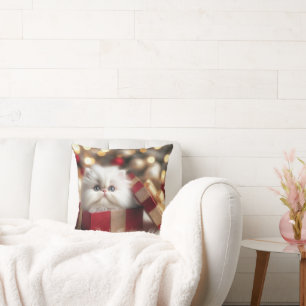 Coussin Chaton persan de Noël dans une boîte cadeau